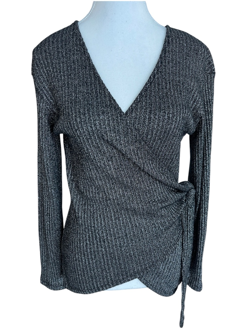 Zara Black and Silver Metallic Ribbed Wrap V-Neck Sweater Size Medium